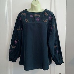 Vtg 1983 Mercedes & Adrienne dark green silk pleated & embroidered blouse